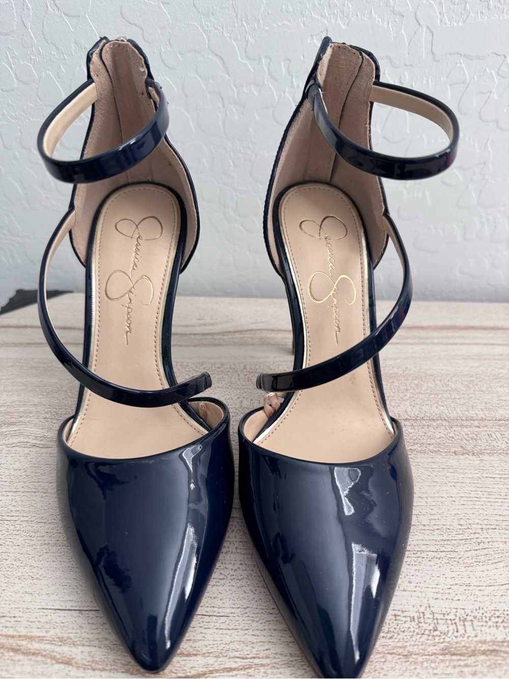 Jessica Simpson Navy Patent Pointed Toe Strappy Ankle-Heel Pumps